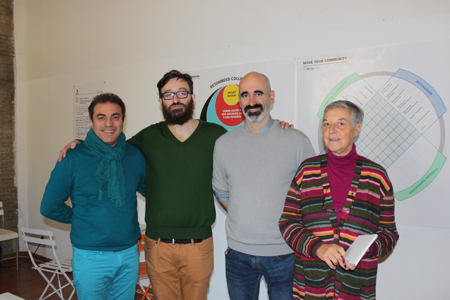 am Khebizi (director of Les Têtes de l'art), Olivier Schulbaum & Enric Senabre (co-founder of Platoniq-Goteo), Huguette Bonomi (president of Les Têtes de l'art)