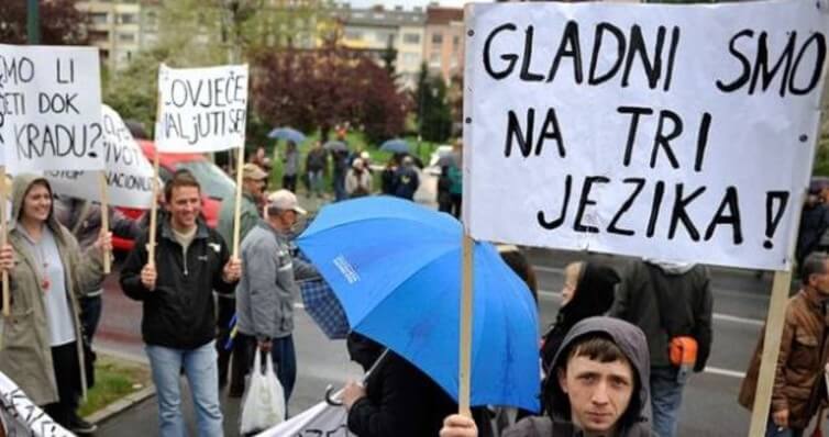 ‘We are hungry in three languages’, a famous slogan in 2014 during protests in Bosnia. Photo by: Midhat Poturovic